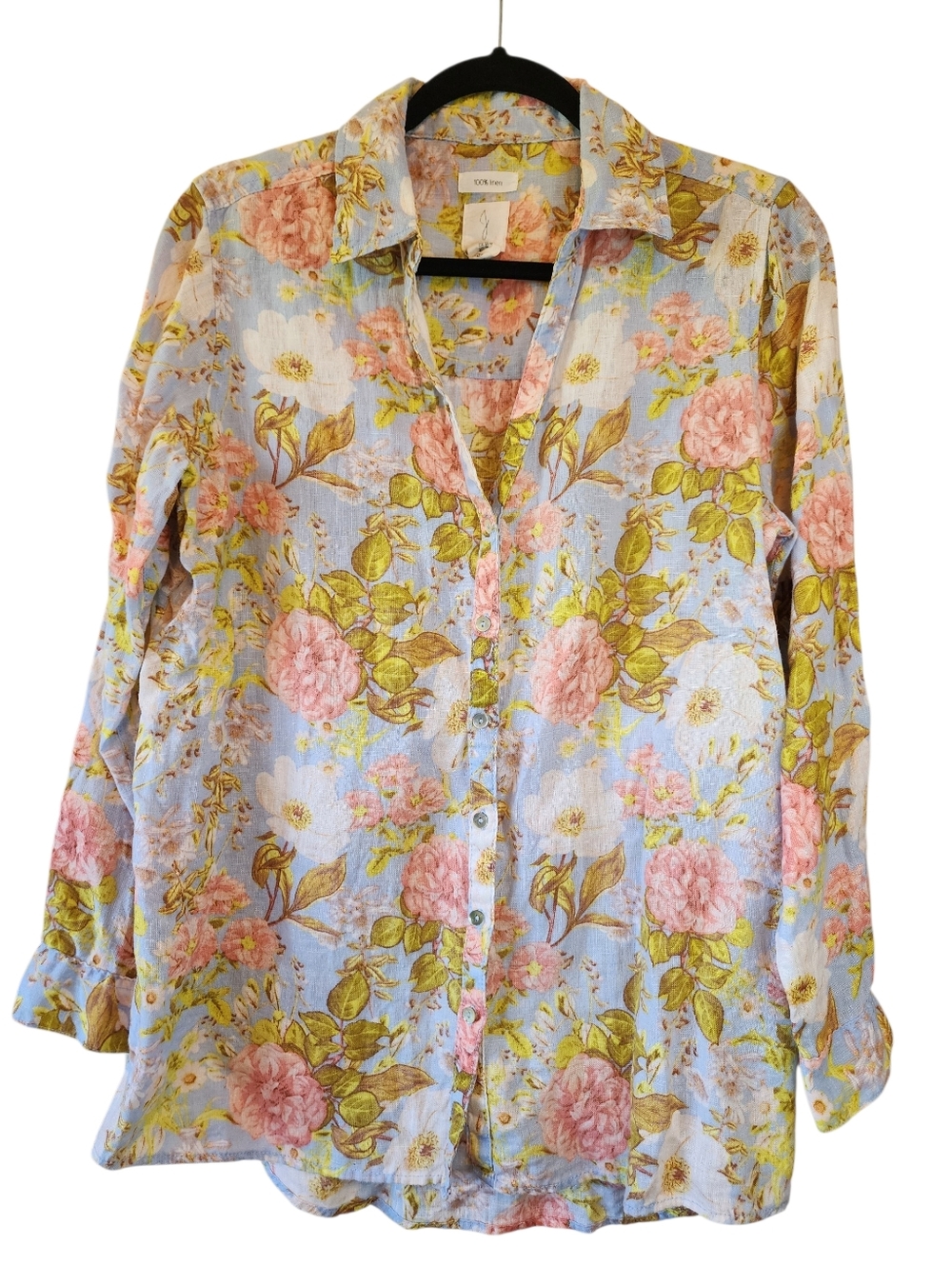 Joie 100% Linen Floral Button Down Shirt Pastel Blue Pink M